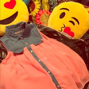 Coral pink and denim boutique blouse Girls 14