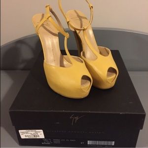Mustard yellow t strap heels, with peep toe