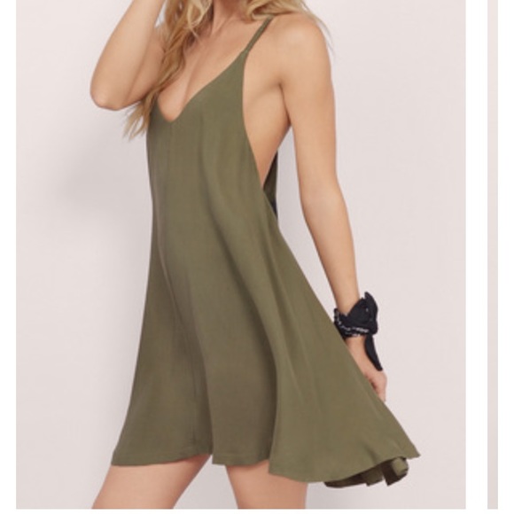Olive green flowy, open back dress