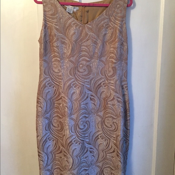 Tan sheath dress in shimmery fabric
