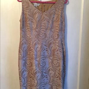 Tan sheath dress in shimmery fabric