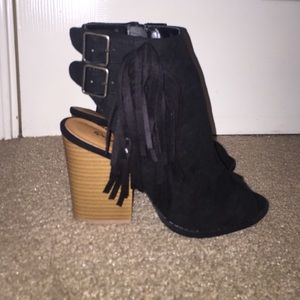 Black open toed fringe booties