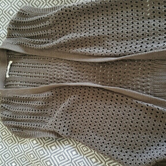 Taupe Crochet knit layering piece open cardigan.