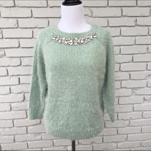 Mint Sparkle Embellished Fuzzy Sweater Forever21