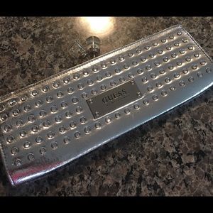 Guess metallic silver clutch with crystals