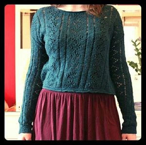 F21 Teal Crocheted Cropped Sweater