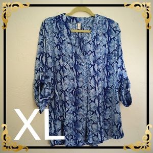 Blue Snakeskin Patterned Roll-Sleeve Blouse