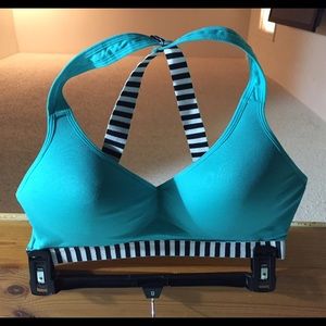 Pretty blue and black and white criss cross bra