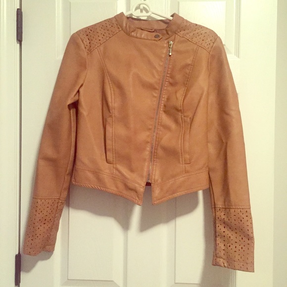 Tan faux-leather jacket with asymmetric zip