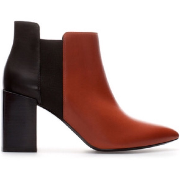 Zara Black Block Heel Leather Ankle Boot 7.5
