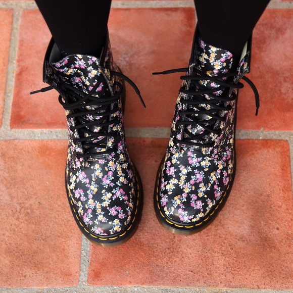 Dr. Martens Shoes - Black Floral 1460 Leather Boot