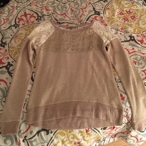 Tan Sweater with Embellishments and Lace Detail