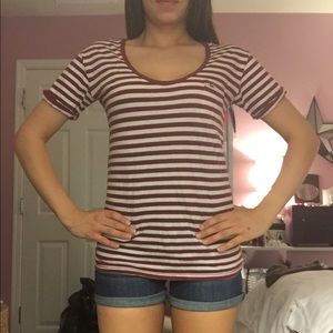 Maroon striped Hollister pocket T-shirt
