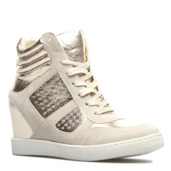 Gold and Suede Wedge Sneakers
