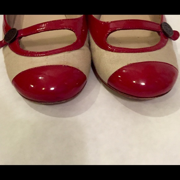 Cole Haan linen and red patent leather wedges. - Picture 2 of 4