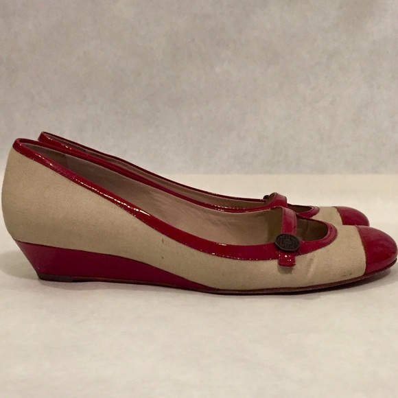 Cole Haan linen and red patent leather wedges. - Picture 3 of 4