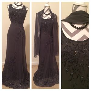Beautiful charcoal Beaded lace dress with scarf.