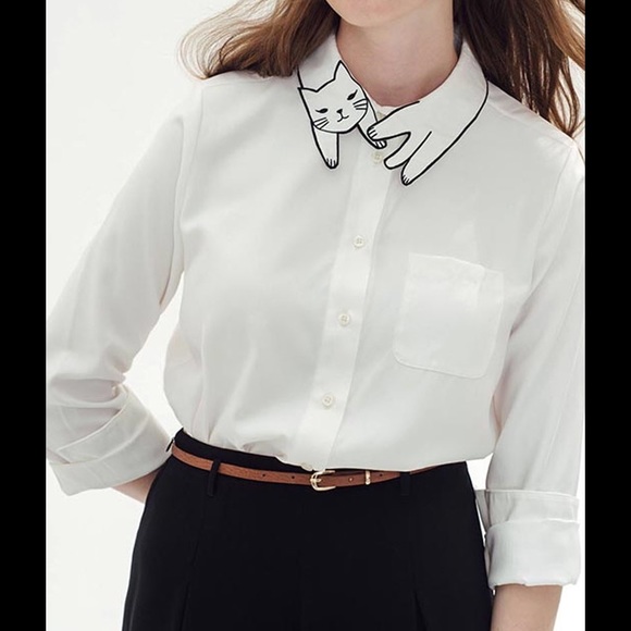 🐱 adorable embroidered CAT collar white shirt top - Picture 2 of 2