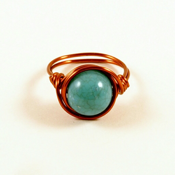 Turquoise Wire Wrapped Ring Brown Copper - Picture 1 of 4