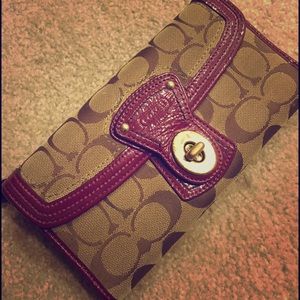 Coach monogram wallet w/purple patten leather trim