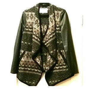 Tweed waterfall jacket with leather sleeves