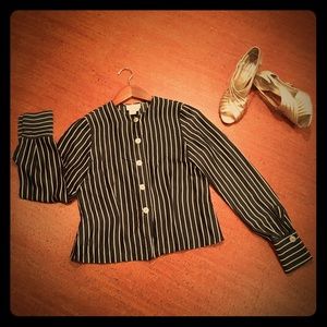 Silk B&W pinstriped button-down blouse