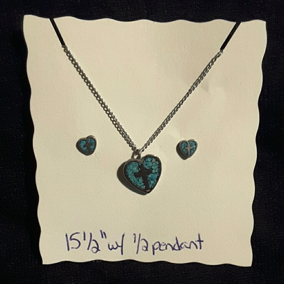 Turquoise heart w/ cross necklace and earring set