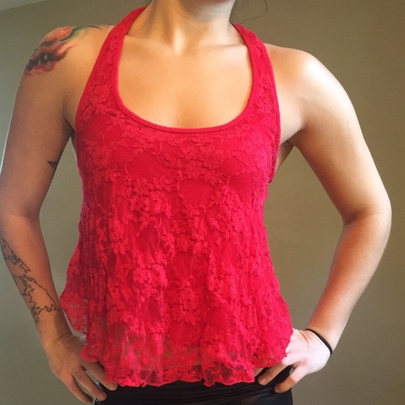 S Red Lace Racerback Crop