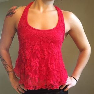 S Red Lace Racerback Crop