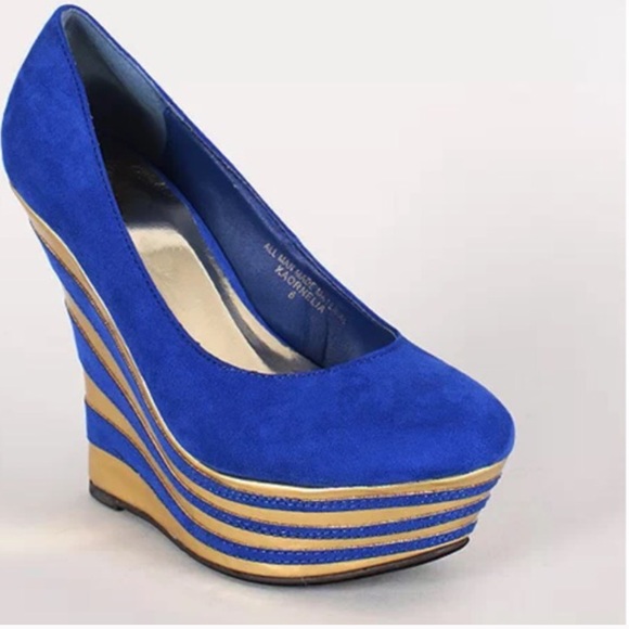 Royal blue & metallic gold wedges - Picture 2 of 4