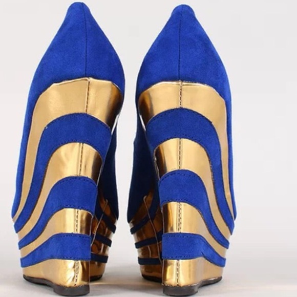 Royal blue & metallic gold wedges - Picture 3 of 4