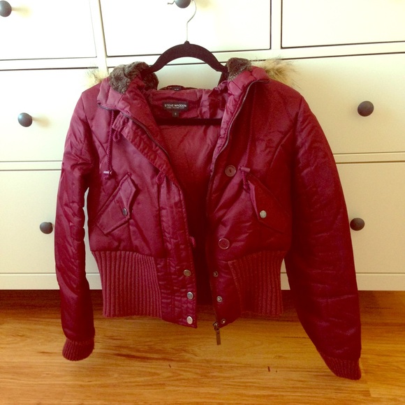 Maroon Bomber Jacket with Faux Fur Hood