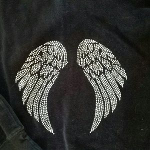 Black velour zip up hoodie with bling angel wings