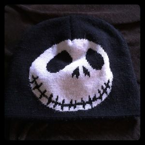 Jack Skellington hat and fingerless gloves