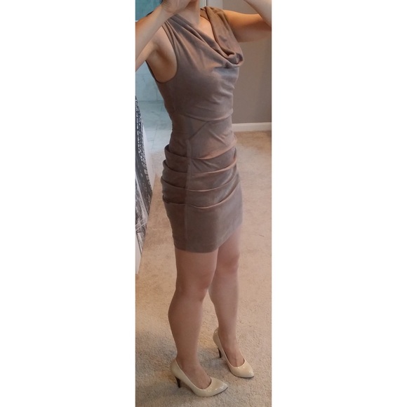 Sexy Beige Nude Micro Suede Mesh Cutout Dress S - Picture 2 of 3