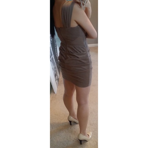 Sexy Beige Nude Micro Suede Mesh Cutout Dress S - Picture 3 of 3