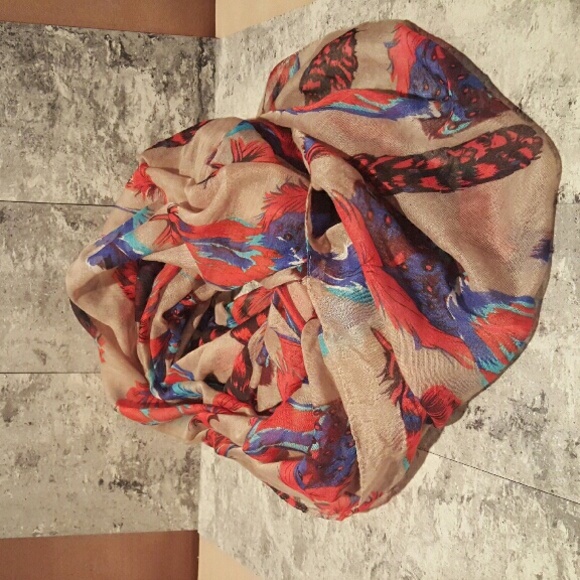 Feather patterned infinity scarf with orange, blue