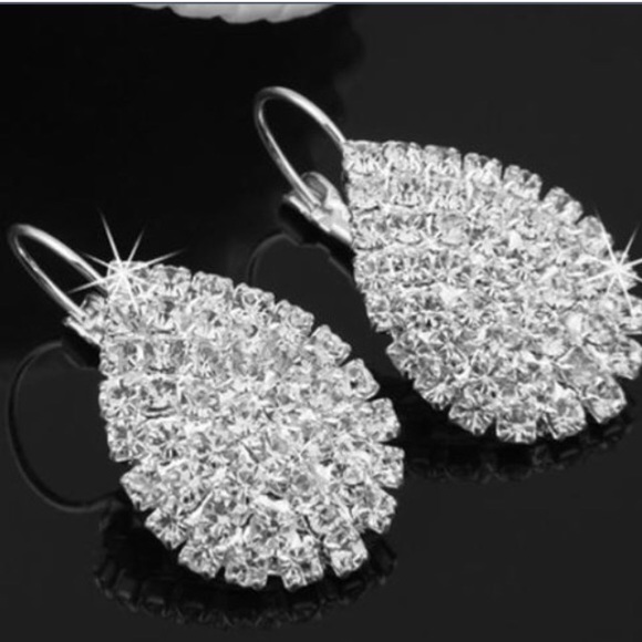 Rhinestone Teardrop Silver Plated Earrings - Picture 2 of 3