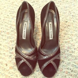 Manolo Blahnik Black & Silver Open Toe Pump