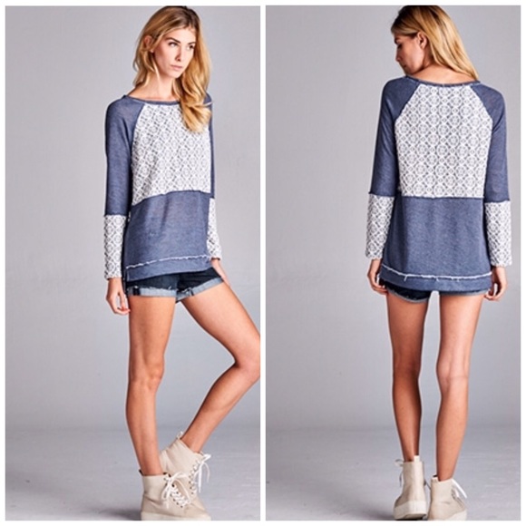 Sold Indigo French Terry & Lace Top - Picture 2 of 4