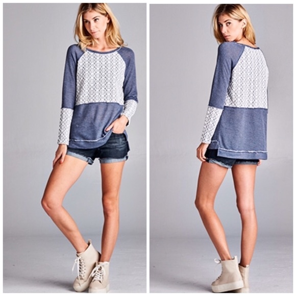 Sold Indigo French Terry & Lace Top - Picture 3 of 4