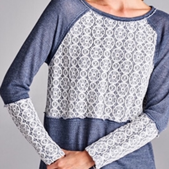 Sold Indigo French Terry & Lace Top - Picture 4 of 4