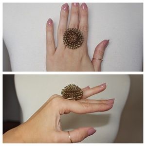 Gold Tone Metal Round Flower Ball Stretchy Ring