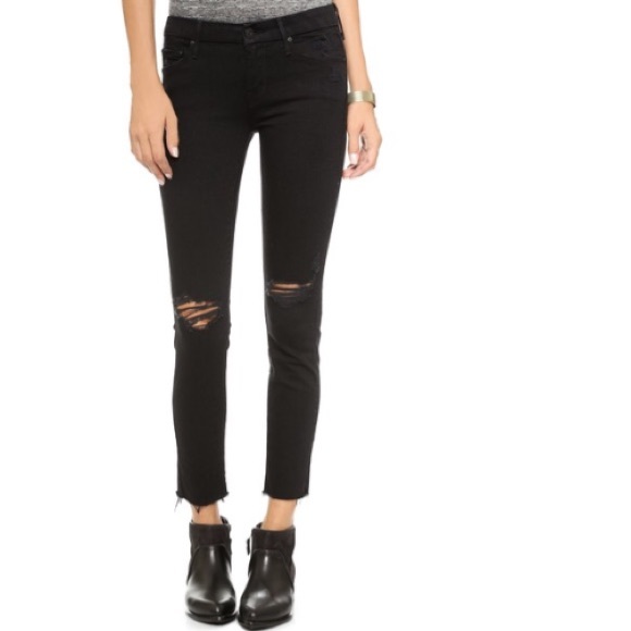Mother "The Looker" Frayed Ankle Jeans / Black
