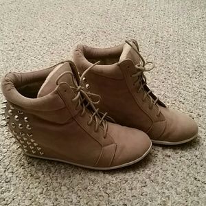 Tan lace up sneaker wedges