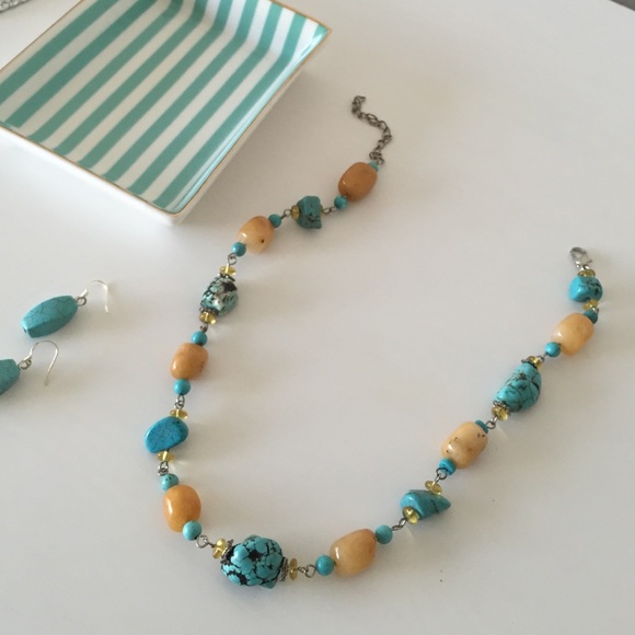 Turquoise and Yellow Jade Natural Stone Necklace