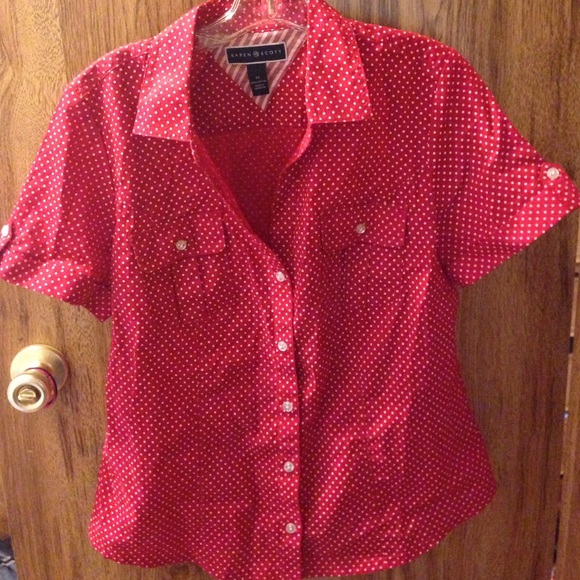 Karen Scott Red Polka Dot Blouse Super Cute