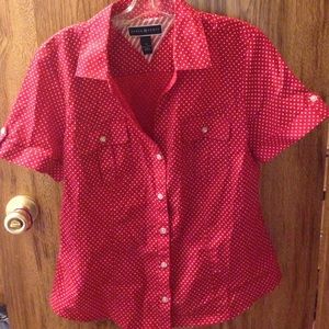 Karen Scott Red Polka Dot Blouse Super Cute