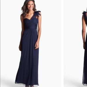 Amsale IllusionShoulder Crinkled SilkChiffon Dress