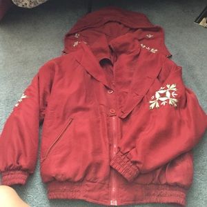 Red vintage hooded embroidered wind breaker silk